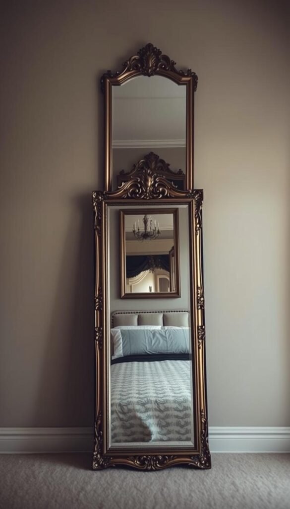 A meticulously arranged scene showcasing strategic mirror placement for an illusion of expanded space. In the foreground, a large, ornate floor-standing mirror reflects the room's interior, creating a sense of depth and visual interest. Behind it, an elegantly framed wall mirror hangs, amplifying the reflected light and creating the impression of a deeper, more expansive chamber. The lighting is soft and atmospheric, with subtle warm tones and gentle shadows that accentuate the mirrors' reflective surfaces. The overall composition exudes a sense of refined elegance and thoughtful design, perfectly capturing the essence of "Incorporate Mirrors to Elevate and Expand" for the ultimate bedroom glow-up.