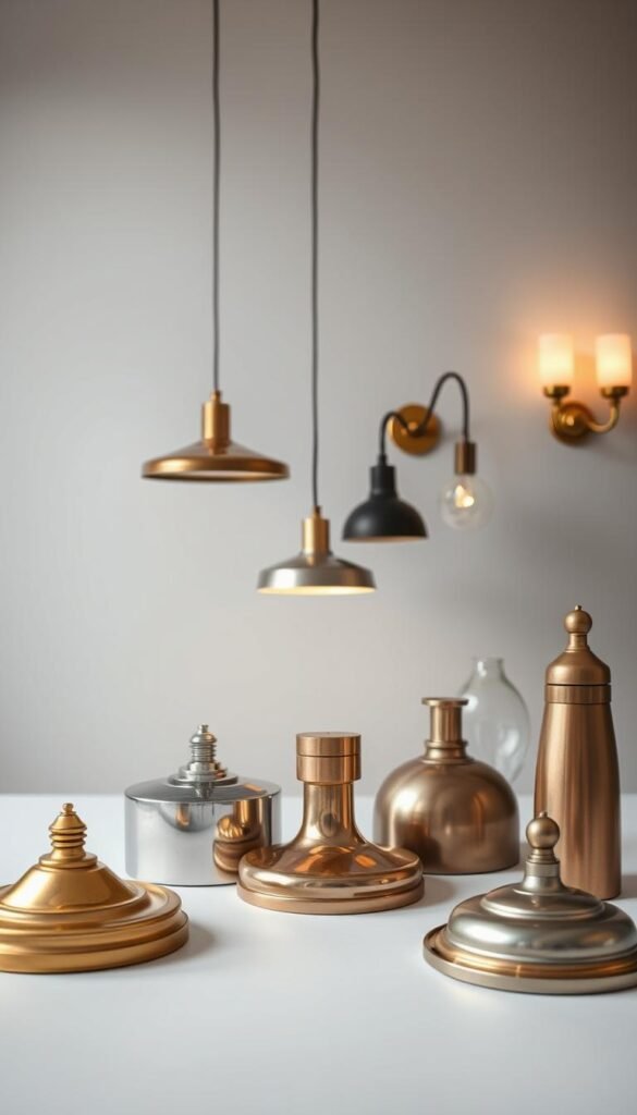 A meticulously crafted still life showcasing an array of popular lighting finishes against a soft, muted backdrop. In the foreground, gleaming brass, cool nickel, and warm bronze fixtures take center stage, their surfaces reflecting the subtle interplay of light and shadow. The middle ground features a selection of pendant lights and sconces, their shapes and textures complementing the varying finishes. In the background, a neutral palette of grays and whites creates a serene, gallery-like setting, allowing the lighting elements to shine. Crisp, clean lighting illuminates the scene, casting a warm, inviting glow and highlighting the unique characteristics of each finish. The overall composition exudes a sense of refined elegance and timeless sophistication.