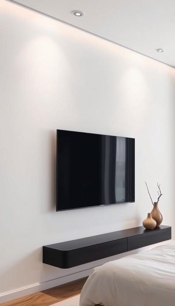 A meticulously curated minimalist television wall design, featuring a sleek, black ultra-wide display mounted flush against a pristine white backdrop. Soft, diffused lighting from concealed sources casts a warm, contemplative glow, highlighting the clean lines and subtle textures of the space. A single, artfully arranged decorative element, such as a sculptural vase or carefully selected ornament, adds a personalized touch, balancing the stark simplicity with a touch of personality. The overall aesthetic exudes a sense of tranquility and refined elegance, seamlessly integrating the television into the serene, bedroom environment.