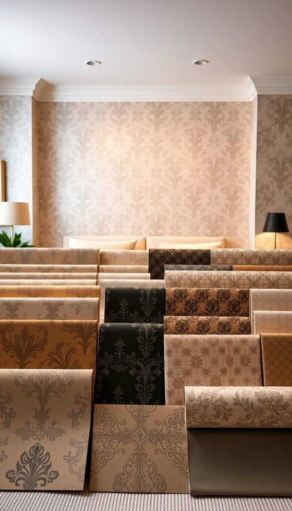 A meticulously designed comparison of various wallpaper types, showcasing their distinct textures, patterns, and visual appeal. In the foreground, a diverse array of wallpapers are displayed, ranging from classic damask to modern geometric designs, each sample illuminated by soft, warm lighting that accentuates their unique characteristics. In the middle ground, the wallpapers are presented in a clean, organized layout, allowing the viewer to appreciate the nuances of each style. The background features a serene, neutral-toned room setting, providing a harmonious backdrop that complements the focal point of the wallpaper display. The overall composition conveys a sense of sophistication and design expertise, inspiring the viewer's imagination for bedroom feature wall possibilities.