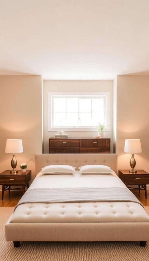 A mid-century inspired beige bedroom with a warm, sophisticated atmosphere. In the foreground, a minimalist platform bed with a tufted, beige fabric headboard. On the bedside tables, vintage table lamps with tapered, beige shades cast a soft, ambient glow. The middle ground features a wooden dresser with clean, angular lines and brass hardware. Behind it, a large window allows natural light to filter in, illuminating the room. The walls are painted in a soothing, muted beige tone, complemented by a plush, woven area rug in a neutral palette. The overall scene conveys a sense of timeless elegance and subtle, mid-century charm.