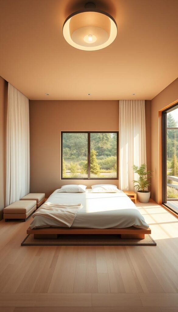 A minimalist Japanese-inspired bedroom, bathed in warm natural light filtering through sheer curtains. A low platform bed with crisp white linens takes center stage, flanked by minimalist nightstands. The space is uncluttered, with a subtle tatami mat pattern on the light-colored wooden floor and a single potted plant providing a touch of greenery. Muted earth-tone walls create a calming, zen-like ambiance, while a large window offers a view of a tranquil garden landscape. An overhead lighting fixture casts a soft, diffused glow, adding to the serene, meditative atmosphere.
