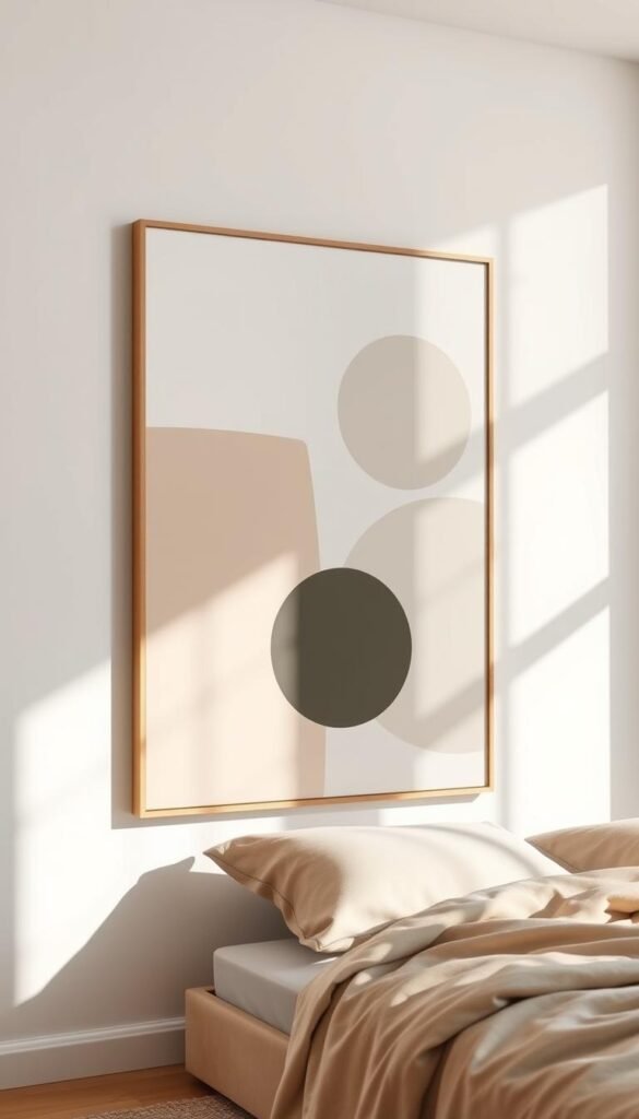 A minimalist abstract wall art composition with clean geometric shapes, muted color palettes, and a sense of balance and harmony. Soft, natural lighting filters through a large window, casting gentle shadows and highlights across the canvas. The artwork is framed simply, allowing the artwork to take center stage. The overall mood is calming, inviting, and aligned with contemporary bedroom decor trends.
