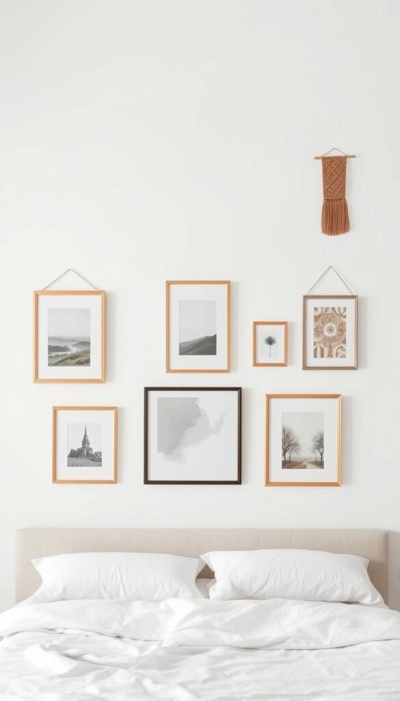A minimalist and informative hanging art height guide, captured in a well-lit, studio-style setting. The guide features a clean, white background with subtle grid lines to provide visual context and scale. Carefully arranged art pieces, including framed paintings, photographs, and wall hangings, are displayed at varying heights, showcasing the ideal placement range. The composition emphasizes balance, proportion, and visual harmony, guiding the viewer's understanding of optimal art placement in a bedroom setting.