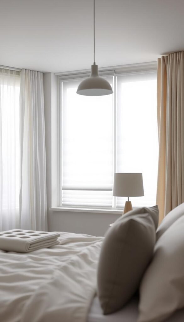 A minimalist bedroom scene with various light control options prominently displayed. In the foreground, an array of curtain rods, sheers, and blackout blinds in neutral tones. In the middle ground, a bedside lamp and a pendant light fixture with adjustable brightness settings. The background features a large window with different opaque shades, allowing for precise control over the natural light entering the room. The overall atmosphere is calming and serene, with a focus on creating a customizable and functional lighting environment.