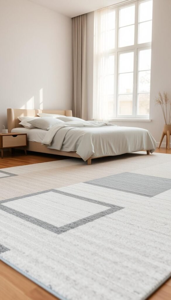 A minimalist, modern rug design with a clean, geometric pattern in shades of gray, beige, and white. The rug is placed in a well-lit, airy bedroom setting, with soft, natural lighting streaming in through large windows. The pattern features a series of overlapping rectangular shapes, creating a visually striking yet understated design. The textures and materials used evoke a sense of high-quality craftsmanship and attention to detail. The overall atmosphere is one of calm, sophistication, and serene simplicity, perfectly suited for a peaceful, uncluttered bedroom space. A minimalist, modern rug design with a clean, geometric pattern in shades of gray, beige, and white. The rug is placed in a well-lit, airy bedroom setting, with soft, natural lighting streaming in through large windows. The pattern features a series of overlapping rectangular shapes, creating a visually striking yet understated design. The textures and materials used evoke a sense of high-quality craftsmanship and attention to detail. The overall atmosphere is one of calm, sophistication, and serene simplicity, perfectly suited for a peaceful, uncluttered bedroom space.