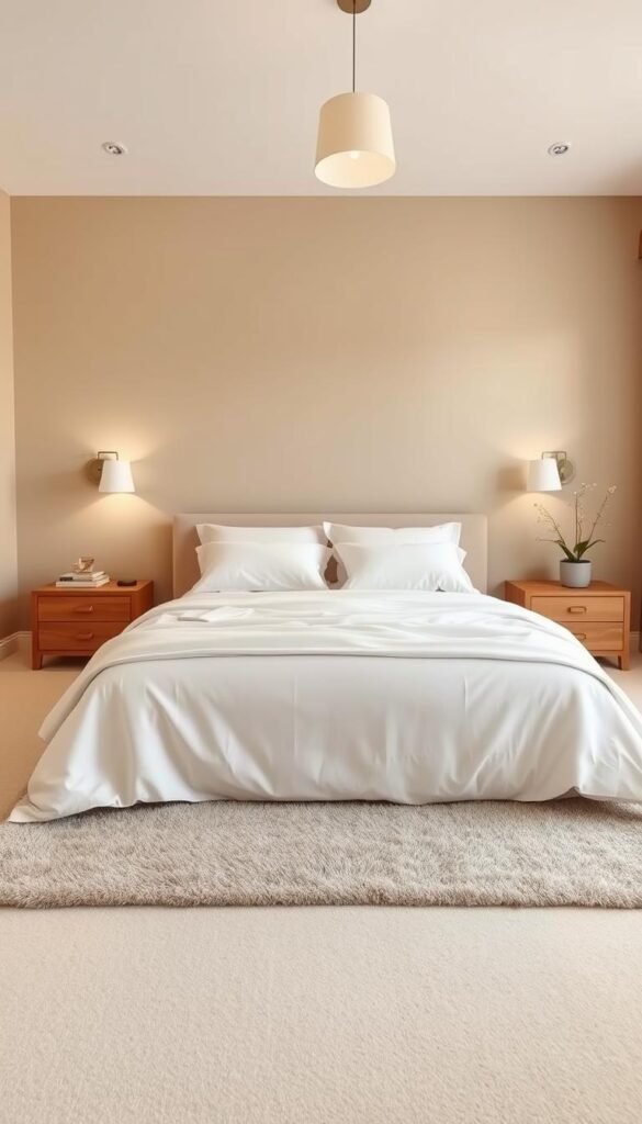 A minimalist, serene beige bedroom with clean lines and a sense of tranquility. A large, low-profile bed with crisp white bedding takes center stage, flanked by simple wooden nightstands. Warm beige walls and a plush, textured rug create a calming, earthy ambiance. Soft, indirect lighting from sconces and a single pendant fixture casts a gentle glow, evoking a peaceful, spa-like atmosphere. The space is uncluttered, with a few carefully curated decor elements, such as a potted plant and a small abstract artwork, adding subtle visual interest. The overall impression is one of understated elegance and restorative calm.