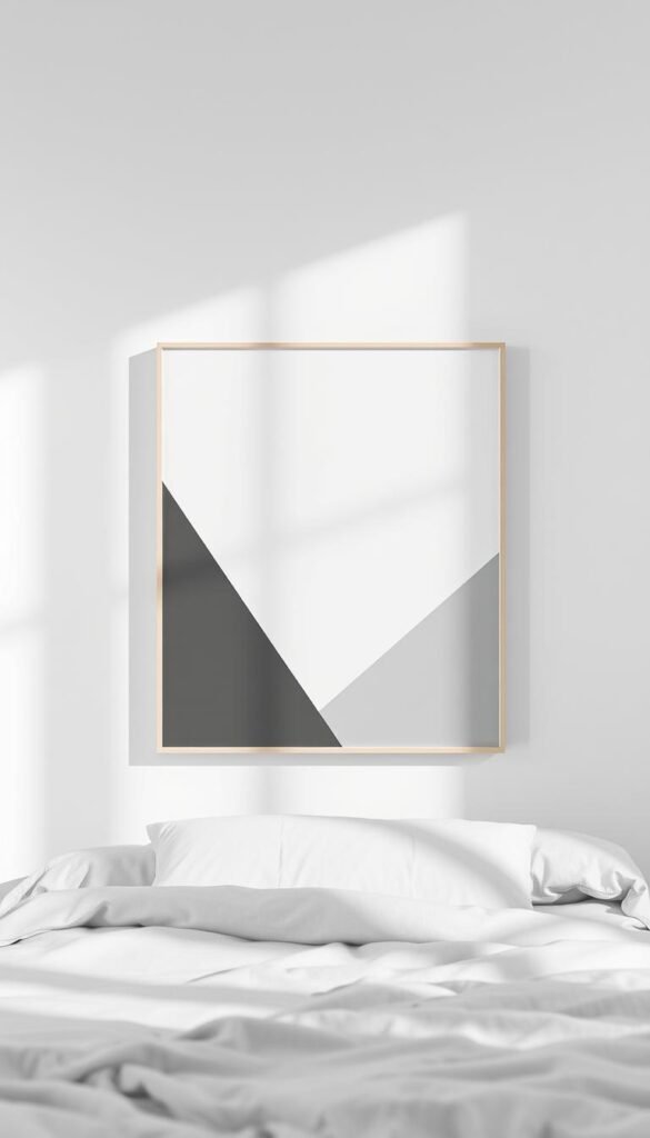 A minimalist wall art piece featuring a simple, abstract geometric design. The composition showcases a clean, monochromatic palette, with muted tones of gray, white, and subtle hints of black. The design has a modern, contemporary feel, with sharp, angular lines and a balanced, symmetrical layout. The lighting is soft and diffused, casting gentle shadows that accentuate the depth and textures of the artwork. The overall atmosphere is serene, calming, and visually appealing, suitable for a minimalist, modern bedroom setting.