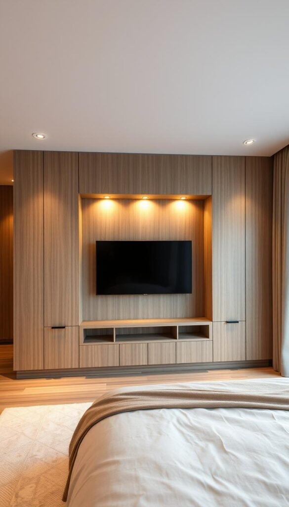 A minimalist yet sophisticated bedroom interior featuring an architectural TV wall design that seamlessly integrates the display into the surrounding built environment. Warm, natural lighting illuminates the clean, geometric forms of the wall unit, which consists of clean-lined wood paneling accented with subtle recessed lighting. The TV sits flush within the wall, appearing as a natural part of the architectural composition rather than an imposed decorative element. Soft, neutral tones create a calming, serene atmosphere, with the television blending harmoniously into the overall design aesthetic.