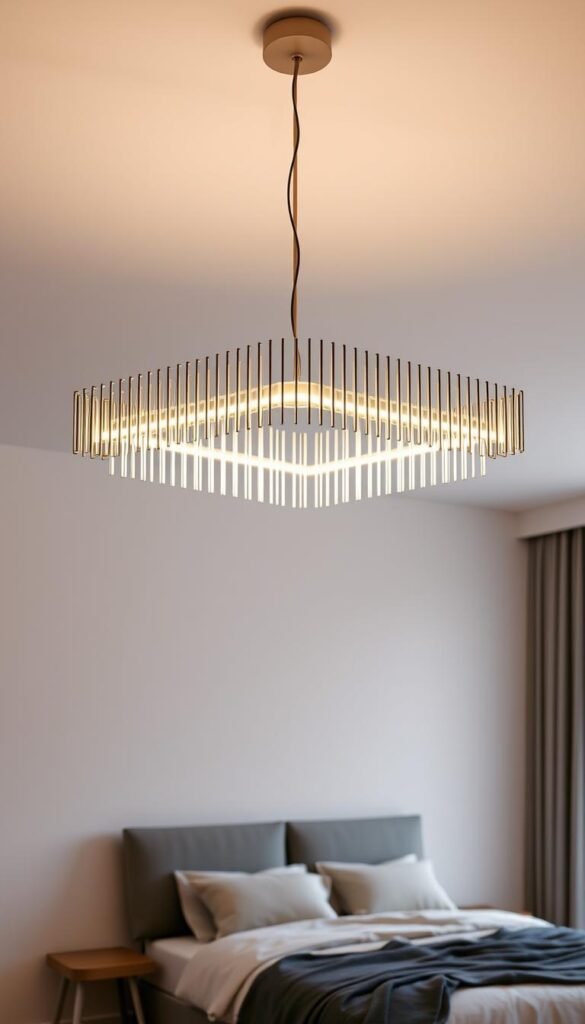 A modern, linear chandelier design with clean, geometric lines and a minimalist aesthetic. The fixture features a series of thin metal bars or rods arranged in a symmetrical, linear pattern, casting a warm, diffused light throughout the space. The chandelier is suspended from the ceiling by a simple, unobtrusive mounting system, allowing it to float gracefully above a bedroom's serene and sophisticated décor. The lighting creates a cozy, intimate atmosphere, complementing the room's neutral color palette and natural textures. The overall design is both visually striking and functionally elegant, serving as a focal point that elevates the entire bedroom aesthetic.