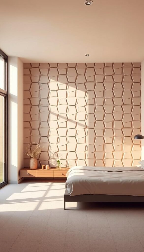 A modern, minimalist bedroom featuring a striking geometric feature wall. The wall is adorned with a striking pattern of interlocking hexagonal shapes, rendered in a soft, muted color palette that complements the neutral tones of the room. Warm, natural lighting from a large window bathes the space, casting gentle shadows and highlights across the geometric design. The room is sparsely furnished, with a low-profile bed and minimal decor, allowing the bold wall feature to take center stage. The overall atmosphere is one of calm, sophisticated elegance, perfectly suited for a relaxing, restorative retreat.