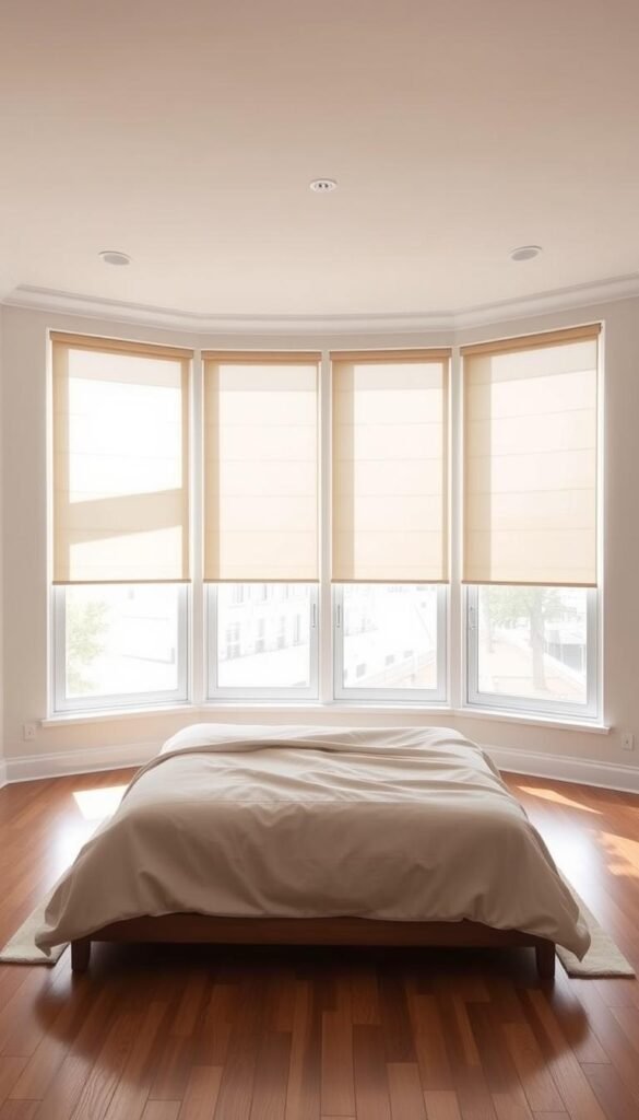 A modern, minimalist bedroom with crisp white walls and hardwood floors. Centrally positioned are large windows, adorned with sleek, low-profile roller shades in a neutral tone that seamlessly blend with the decor. The shades are drawn, casting a soft, diffused glow throughout the space, creating a tranquil and serene atmosphere. Warm, natural lighting filters in, illuminating the room and highlighting the clean, sophisticated design. The roller shades offer efficient UV protection, shielding the room from harsh glare while maintaining an airy, open feel. A perfect balance of form and function, these window treatments embody the section's theme of "Roller Shades: Sleek Simplicity and UV Protection".