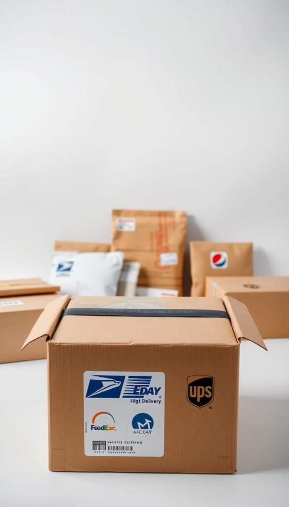 A modern, minimalist composition showcasing various shipping delivery options. In the foreground, a cardboard box with shipping labels and icons representing different delivery services such as USPS, FedEx, and UPS. In the middle ground, parcel envelopes in assorted sizes and colors, neatly arranged. The background features a clean, white backdrop with gentle shadows and highlights, creating a sense of depth and a focus on the delivery items. The lighting is soft and evenly distributed, lending a professional, high-quality feel to the scene. The overall mood is one of efficiency, reliability, and attention to detail, reflecting the practical needs of customers seeking shipping information. A modern, minimalist composition showcasing various shipping delivery options. In the foreground, a cardboard box with shipping labels and icons representing different delivery services such as USPS, FedEx, and UPS. In the middle ground, parcel envelopes in assorted sizes and colors, neatly arranged. The background features a clean, white backdrop with gentle shadows and highlights, creating a sense of depth and a focus on the delivery items. The lighting is soft and evenly distributed, lending a professional, high-quality feel to the scene. The overall mood is one of efficiency, reliability, and attention to detail, reflecting the practical needs of customers seeking shipping information.