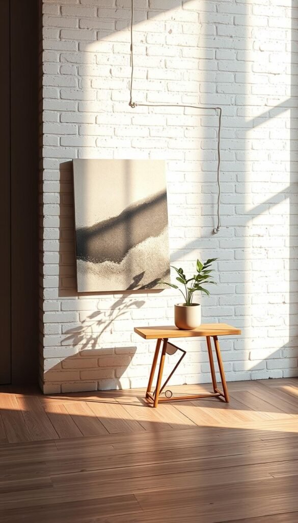 A modern, minimalist interior with a leaning wall art display. In the foreground, an abstract canvas in muted tones leans effortlessly against a whitewashed brick wall, casting dramatic shadows. The middle ground features a sleek, natural wood side table topped with a potted plant, creating a sense of balance. The background is bathed in warm, diffused lighting, highlighting the textured wall surface and adding depth to the scene. The overall atmosphere is one of casual sophistication, inviting the viewer to appreciate the effortless artistry of the leaning wall decor.