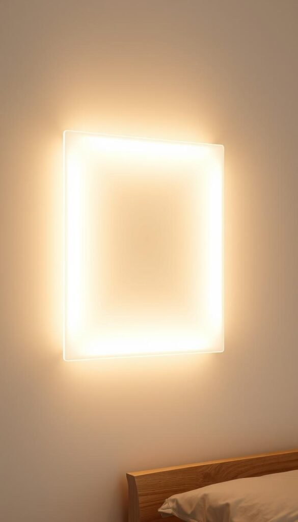 A modern, minimalist led wall lamp with a sleek, rectangular design. The lamp features a seamless, frameless glass panel that emits a soft, ambient glow, illuminating the bedroom with a warm, cozy atmosphere. The panel is mounted on a thin, brushed metal frame that blends seamlessly into the wall, creating a clean, contemporary look. The lamp's advanced smart lighting capabilities allow for precise control of brightness, color temperature, and lighting scenes through a mobile app or voice commands, enabling the user to customize the lighting to suit their mood and activities. The discreet, integrated touch controls provide an additional layer of tactile interaction. The high-quality, energy-efficient LEDs ensure long-lasting performance and energy savings. A modern, minimalist led wall lamp with a sleek, rectangular design. The lamp features a seamless, frameless glass panel that emits a soft, ambient glow, illuminating the bedroom with a warm, cozy atmosphere. The panel is mounted on a thin, brushed metal frame that blends seamlessly into the wall, creating a clean, contemporary look. The lamp's advanced smart lighting capabilities allow for precise control of brightness, color temperature, and lighting scenes through a mobile app or voice commands, enabling the user to customize the lighting to suit their mood and activities. The discreet, integrated touch controls provide an additional layer of tactile interaction. The high-quality, energy-efficient LEDs ensure long-lasting performance and energy savings.