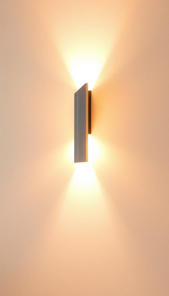 A modern, minimalist wall-mounted lighting fixture in brushed metal or matte black, with a slender, angular profile and a focused, directional beam of warm, inviting light. The fixture is mounted on a smooth, textured plaster or concrete wall, casting a gentle, atmospheric glow that softly illuminates the surrounding space. The lighting creates a cozy, ambient atmosphere, perfect for a bedroom setting, with a clean, contemporary aesthetic that seamlessly integrates with the room's decor.