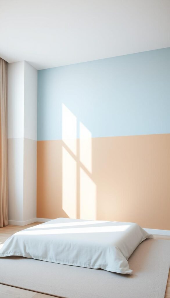 A modern, two-toned bedroom wall with a crisp, clean design. The top half is painted in a soft, pastel blue, while the bottom half features a warm, earthy beige tone. The transition between the two colors is seamless, creating a harmonious and visually striking contrast. The lighting is natural, streaming in through large windows, casting a gentle glow and highlighting the textural details of the wall. The room is minimalist, with clean lines and a serene atmosphere, allowing the focus to remain on the beautifully designed wall.