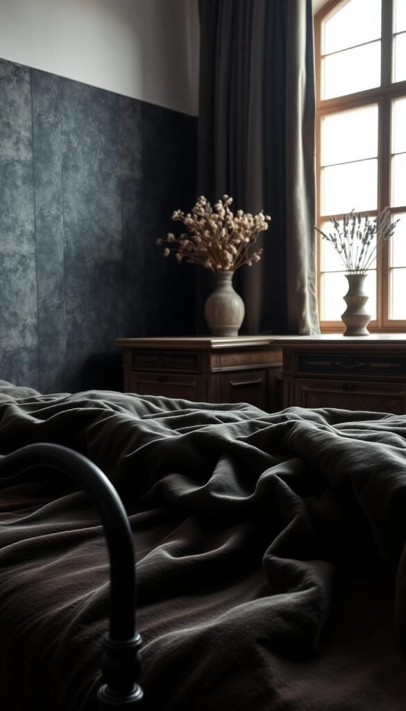 A moody, textured bedroom scene with a sense of depth and coziness. In the foreground, a plush velvet bedspread in a rich, muted tone cascades over a wrought-iron bed frame. Soft, indirect lighting casts gentle shadows, accentuating the weave and luster of the fabric. In the middle ground, a large, distressed wood dresser with intricate carved details stands against a textured, charcoal-colored accent wall. On the dresser, a ceramic vase holds a bouquet of dried flowers, their delicate forms casting intricate shadows. In the background, a window is partially obscured by heavy, velvet drapes, letting in just enough light to create a warm, inviting atmosphere. The overall scene has a sense of depth and tactility, evoking a cozy, moody retreat.