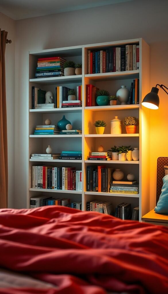 A neatly arranged bookshelf in a cozy bedroom, bathed in warm, soft lighting. The shelves display an artful assortment of books, decorative objects, and small plants, all organized by color to create a visually striking display. In the foreground, vibrant red and orange items contrast with the serene blue and green hues in the middle ground. The background features neutral-toned objects that complement the color-coordinated arrangement. The scene conveys a sense of balance, harmony, and deliberate styling for maximum visual impact.