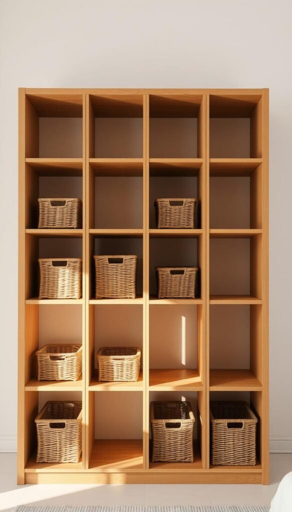 A neatly organized cubby system with a series of square compartments, each featuring a woven basket for efficient storage. The cubbies are constructed with a warm, natural wood finish, casting a cozy glow under soft, diffused lighting. The arrangement is presented in a clean, minimalist setting, allowing the storage solution to take center stage. The baskets are made of woven rattan or wicker, blending seamlessly with the wooden frame. The overall composition exudes a sense of order and functionality, perfectly suited for a well-designed bedroom space.