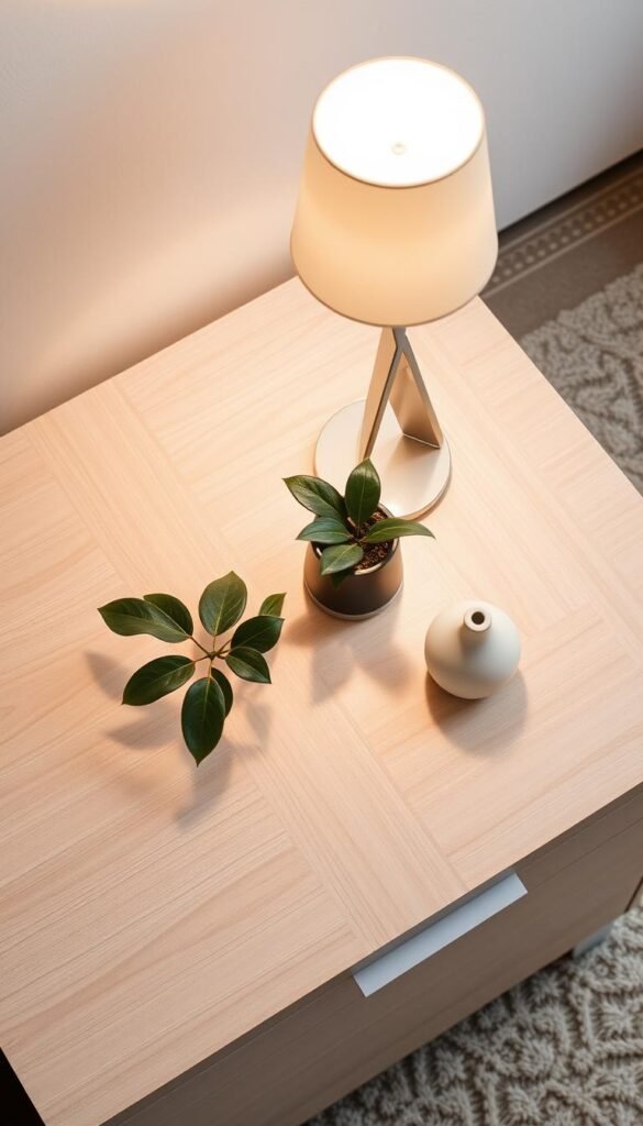 A neatly styled bedside table surface with a modern, minimalist aesthetic. The tabletop is made of a smooth, light-colored wood, with a subtle grain pattern. Atop it, a single statement piece, such as a sleek, sculptural table lamp with a warm, diffused glow, casts a soft light across the surface. Complementing the lamp, a small potted plant adds a touch of greenery, its leaves gently casting shadows. The tabletop is free of clutter, with just a few carefully curated decorative elements, like a simple vase or a small decorative object, arranged in a visually appealing manner. The overall scene conveys a sense of tranquility and refined elegance, creating a visually interesting yet uncluttered surface that sets the tone for a modern, serene bedroom.