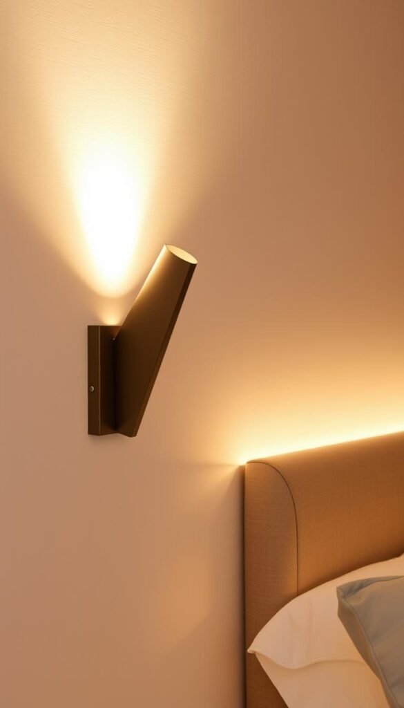 A pair of modern wall sconces illuminate the bedroom, casting a warm, ambient glow. The fixtures feature a minimalist, angular design with adjustable heads that can be angled upward or downward. Crisp, clean-lined shapes in muted metallic tones create visual interest against the textured, neutral-toned wall. The sconces are strategically positioned to highlight the architectural details and add depth to the space, creating a cozy and inviting atmosphere ideal for relaxation. Soft, diffused lighting from the fixtures casts a flattering, shadowless illumination, accentuating the room's serene and tranquil mood.