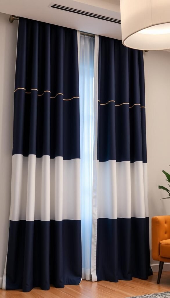 A pair of sleek, modern curtain panels in a bold, color-blocked design. The panels feature a clean, minimalist aesthetic with crisp lines and geometric shapes. The dominant colors are deep navy blue and stark white, creating a striking visual contrast. Soft, indirect lighting from overhead casts a gentle glow, highlighting the texture and subtle sheen of the high-quality fabric. The curtains hang seamlessly, framing a large window and creating an impactful, contemporary focal point within the room. The overall mood is one of sophistication, with a touch of modern flair.