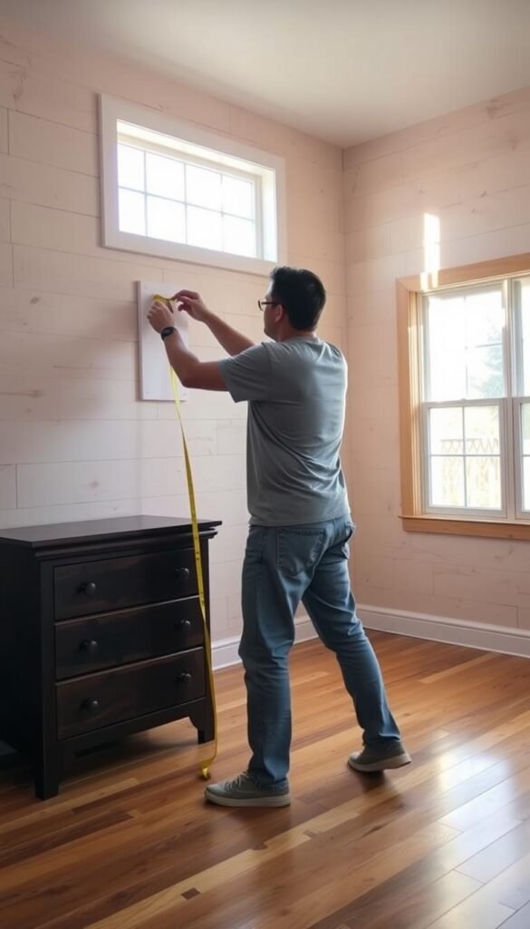 A person standing in a cozy bedroom, measuring the distance between the wall and a piece of furniture using a tape measure. The room is filled with natural light filtering through large windows, casting a warm glow on the scene. The floors are hardwood, and the walls are bare, waiting to be transformed with a new wall paneling treatment. The person is dressed casually, focused intently on the task at hand, planning the perfect layout and design for the bedroom's walls. The atmosphere is one of quiet contemplation and preparation, setting the stage for a successful wall paneling project.