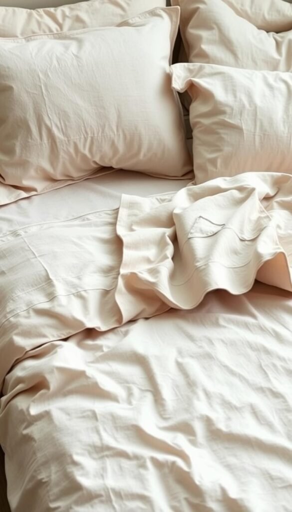 A plush, elegant bedscape featuring layers of premium linen bedding in a soft, muted palette. The fitted sheet, duvet cover, and decorative pillows exhibit a subtle yet captivating texture, creating visual depth and a sense of luxurious comfort. The lighting is soft and diffused, illuminating the sumptuous materials and highlighting the refined French aesthetic. The camera angle captures the bedding at a slight bird's-eye view, showcasing the impeccably made bed in an inviting, cozy composition.