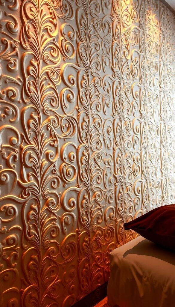 A richly textured 3D wallpaper in a luxurious bedroom. The foreground features a sophisticated pattern of embossed geometric shapes and intricate swirls, creating a captivating tactile effect. The middle ground showcases a subtle sheen that reflects warm, diffused lighting from hidden sources, evoking a cozy, inviting ambiance. In the background, a soft, muted color palette blends seamlessly, complementing the depth and dimensionality of the textured surface. The overall composition conveys a sense of modern elegance and opulence, perfect for a high-end bedroom setting.