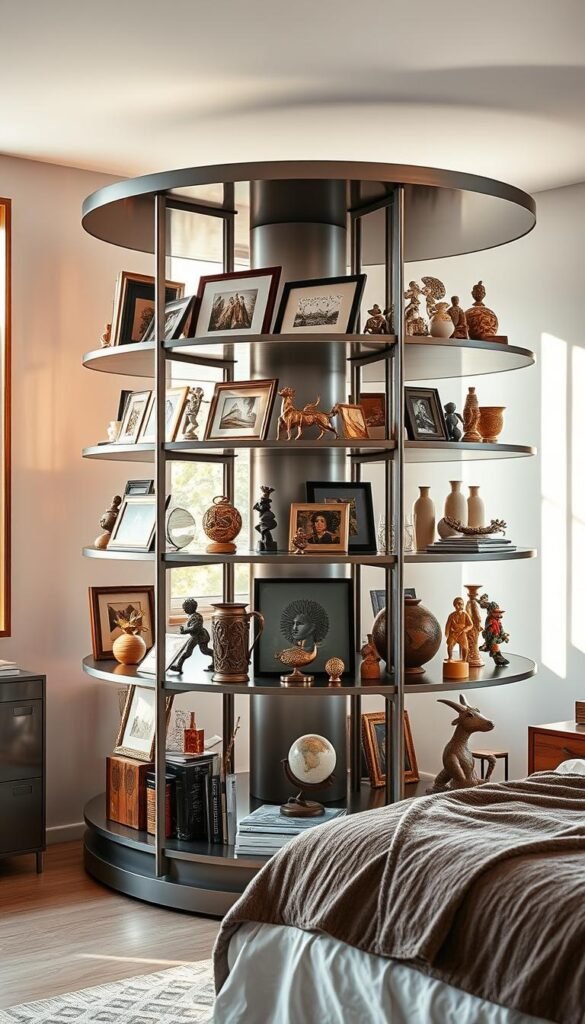 A rotating art display shelves in a bright, airy bedroom. The shelves are made of sleek, minimalist steel with a smooth, polished finish. Eclectic artworks, figurines, and decorative objects are neatly arranged on the shelves, creating a visually captivating display. Warm, diffused lighting from a large window illuminates the scene, casting gentle shadows and highlighting the textures and colors of the displayed items. The shelves smoothly rotate, allowing the viewer to easily access and appreciate the diverse collection. The overall atmosphere is modern, inviting, and showcases the owner's refined artistic sensibilities.
