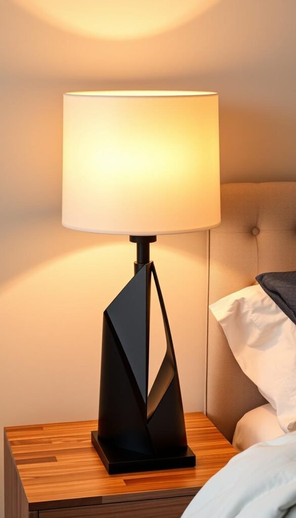 A sculptural table lamp that doubles as a decor statement. The lamp features a striking geometric base in matte black metal, with clean lines and a minimalist aesthetic. Atop the base, a large, curved glass or alabaster shade diffuses warm, ambient light, casting a cozy glow throughout the space. The lamp is positioned on a sleek, wooden side table, complementing the natural materials and textures of the bedside setting. The lighting creates a soft, intimate atmosphere, perfect for a cozy bedroom. Shot from a high, three-quarter angle to showcase the sculptural silhouette of the lamp against the neutral background.