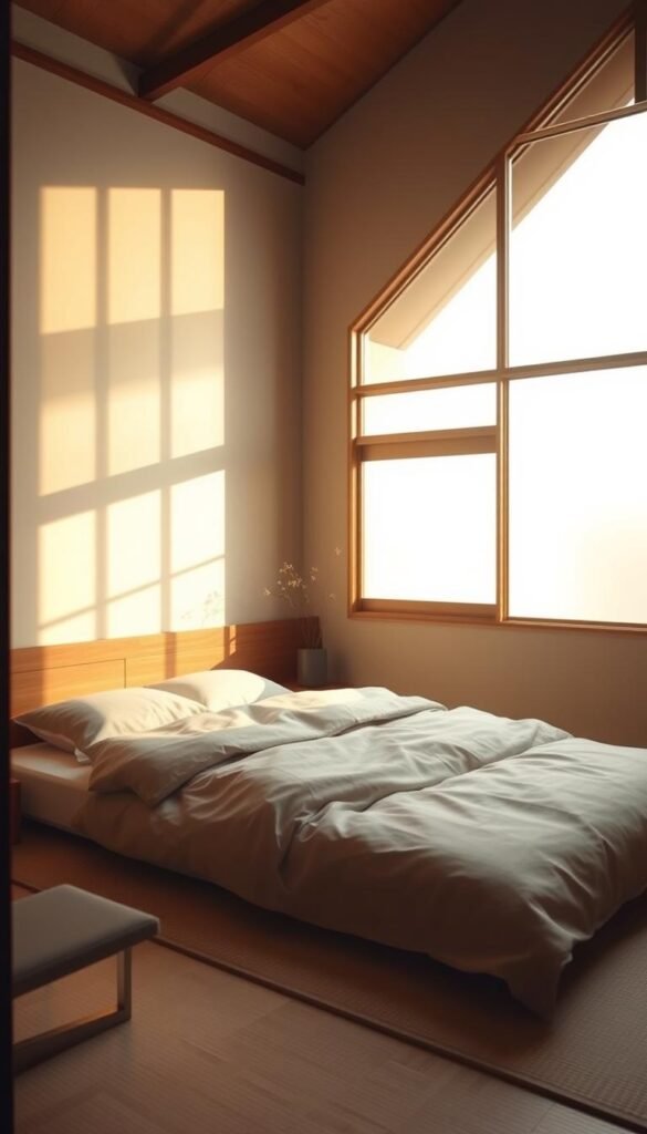 A serene Japanese-inspired bedroom bathed in soft, diffuse natural lighting. The space is simple yet elegant, with clean lines and a minimalist aesthetic. Warm, muted tones create a calming atmosphere, while the large window allows sunlight to gently filter in, casting a ethereal glow throughout the room. Wooden accents and a plush, neutral-toned bedding add to the tranquil, zen-like ambiance. The scene is captured from a slightly elevated angle, showcasing the harmonious balance of the space.