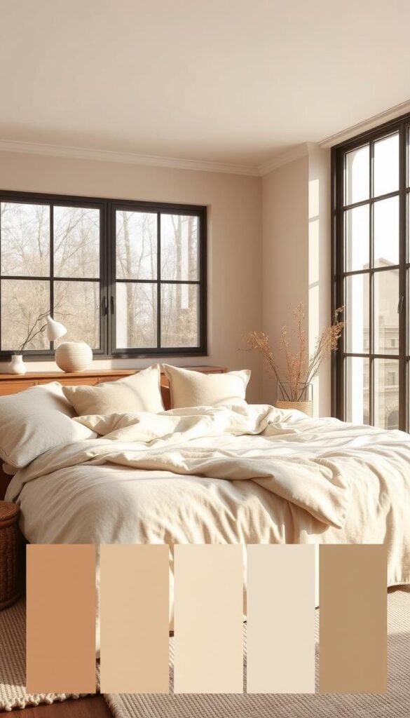 A serene and harmonious color palette for a cozy interior space. Soft, muted shades of warm beige, taupe, and cream flow seamlessly across the frame, creating a calming, inviting atmosphere. Gentle natural light filters through large windows, casting a soothing glow on the textured surfaces of plush fabrics, smooth wood tones, and natural fibers. The composition emphasizes balance and simplicity, with clean lines and a minimalist aesthetic. An overarching sense of tranquility and comfort permeates the scene, making it the perfect foundation for a cozy, relaxing bedroom retreat.