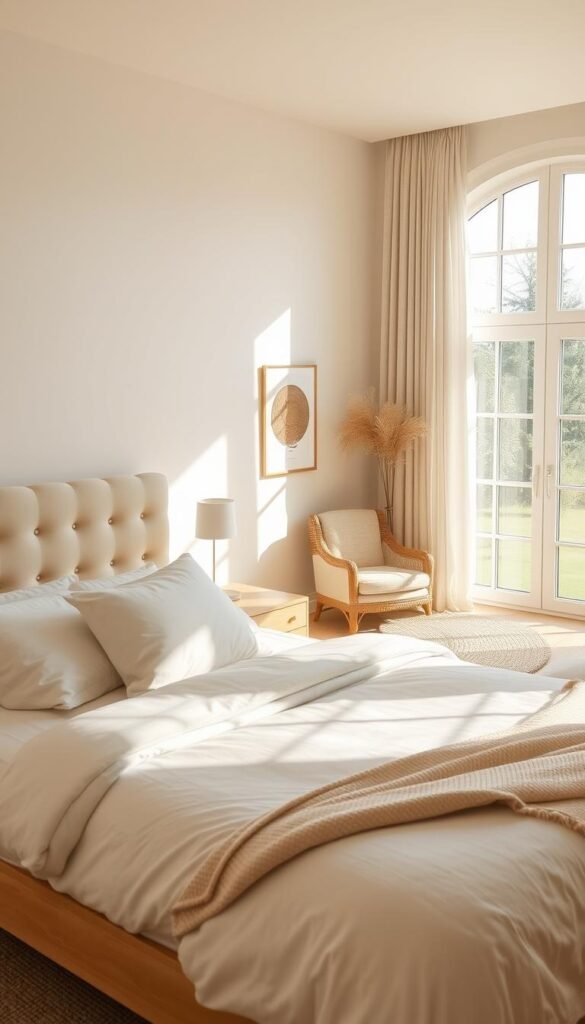 A serene and harmonious cream and beige bedroom, bathed in soft, natural light. In the foreground, a plush, tufted headboard frames a simple yet elegant bed, adorned with crisp, cream-colored linens. Beside it, a pair of minimalist nightstands hold subtle table lamps, casting a warm glow. In the middle ground, a cozy armchair and a soft, beige area rug create a cozy reading nook. The background features a large window, allowing the sun to filter in, illuminating the room's neutral palette. Subtle textures, such as woven accents and natural wood, add depth and visual interest. The overall atmosphere is one of tranquility and relaxation, perfectly capturing the essence of a cream and beige bedroom.