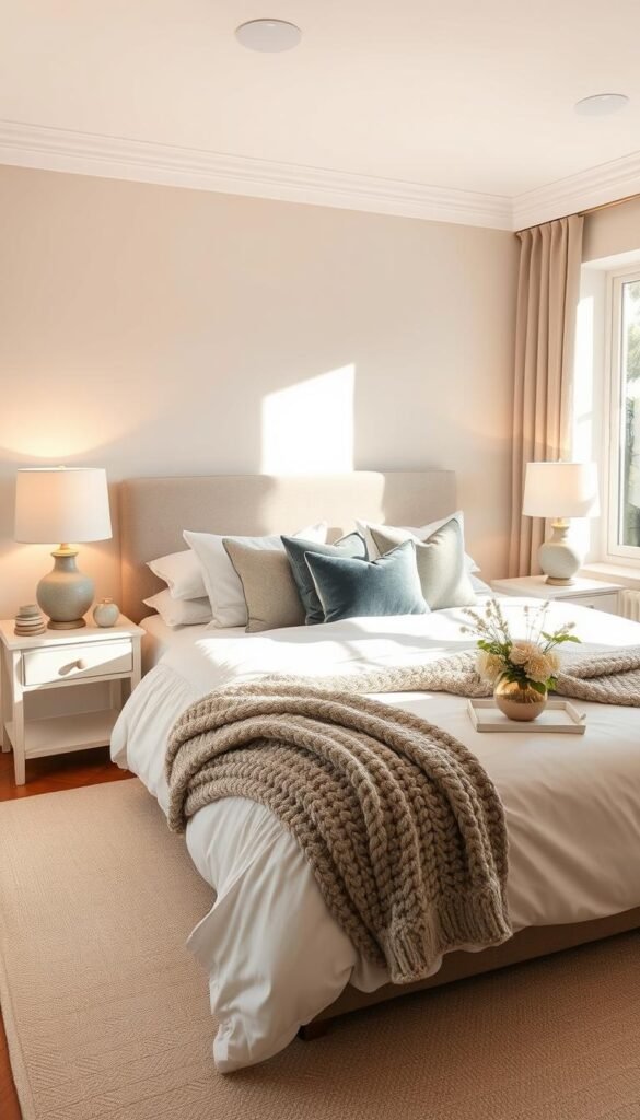 A serene and inviting bedroom bathed in warm, natural light. The color palette features soothing shades of beige, soft grays, and accents of muted greens and blues. Plush textiles, like a chunky knit throw and velvet pillows, create a cozy, textural atmosphere. Indirect lighting from table lamps and a large window casts a gentle glow, highlighting the refined, minimalist decor. The bed is adorned with crisp, white linens and a tranquil floral arrangement on the nightstand. This harmonious, calming space evokes a sense of tranquility and relaxation. A serene and inviting bedroom bathed in warm, natural light. The color palette features soothing shades of beige, soft grays, and accents of muted greens and blues. Plush textiles, like a chunky knit throw and velvet pillows, create a cozy, textural atmosphere. Indirect lighting from table lamps and a large window casts a gentle glow, highlighting the refined, minimalist decor. The bed is adorned with crisp, white linens and a tranquil floral arrangement on the nightstand. This harmonious, calming space evokes a sense of tranquility and relaxation.