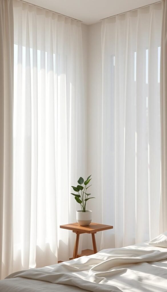 A serene and minimalist bedroom interior with large windows framed by sheer, flowing curtains that gracefully billow in the soft, natural light. The window treatments are simple and elegant, composed of crisp, white linen that gently cascades from the ceiling to the floor, creating a calming, airy atmosphere. The curtains are positioned to allow maximum light to flood the space, highlighting the clean, uncluttered design of the room. A single, potted plant rests on a sleek, wooden side table, completing the tranquil, nature-inspired ambiance.