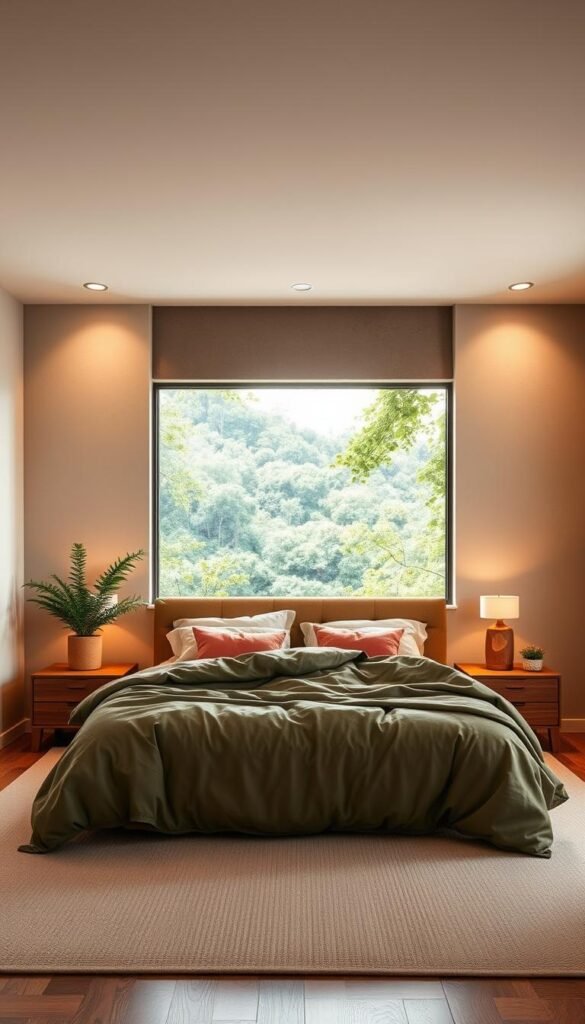 A serene and nature-inspired bedroom color scheme, featuring soothing hues of sage green, soft beige, and warm terracotta. The room is bathed in warm, diffused lighting, creating a cozy and tranquil atmosphere. The walls are adorned with subtle organic textures, evoking the calming essence of a forest glade. In the foreground, a plush, earthy-toned bedding set complements the wooden nightstands and a lush, potted plant. The middle ground showcases a large, floor-to-ceiling window overlooking a verdant landscape, blurring the boundary between indoor and outdoor spaces. The background is dominated by a neutral-toned accent wall, providing a simple and elegant backdrop to the natural-inspired scene.