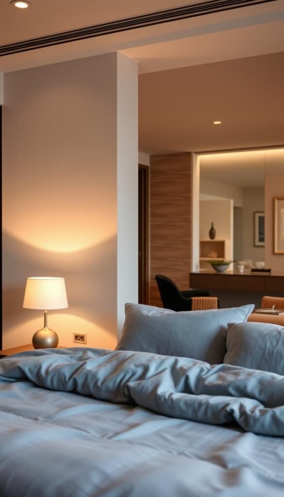 A serene bedroom ambiance with a curated color palette, capturing the essence of relaxation and tranquility. In the foreground, a cozy bed adorned with plush bedding in soothing hues of blue and gray, complemented by warm lighting from a bedside table lamp. The middle ground features a feature wall with a subtle texture, painted in a soft, earthy tone that enhances the overall calming atmosphere. The background showcases a minimalist but elegant room design, with clean lines and harmonious accents that create a sense of balance and harmony. The lighting is gentle, casting a warm glow that envelops the space, inviting the viewer to imagine themselves in this serene and inviting bedroom retreat.