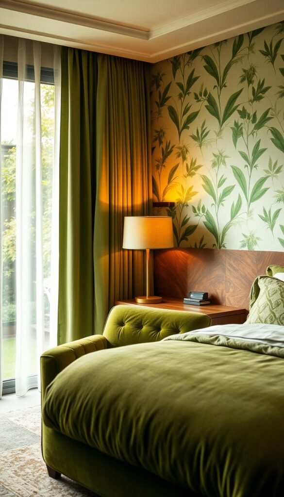 A serene bedroom bathed in soft, diffused lighting that complements the verdant, nature-inspired aesthetic. The foreground features a cozy, oversized armchair upholstered in a lush, earthy green velvet, positioned near a large window overlooking a lush, verdant garden. Warm, indirect lighting filters through sheer curtains, casting a gentle glow and creating an inviting, tranquil atmosphere. In the middle ground, a low-profile wooden nightstand supports a modern table lamp with a natural-toned shade, illuminating the space with a soothing, amber-hued light. The background showcases a feature wall adorned with botanical wallpaper in a harmonious green color palette, enhancing the calming, nature-inspired vibe. A serene bedroom bathed in soft, diffused lighting that complements the verdant, nature-inspired aesthetic. The foreground features a cozy, oversized armchair upholstered in a lush, earthy green velvet, positioned near a large window overlooking a lush, verdant garden. Warm, indirect lighting filters through sheer curtains, casting a gentle glow and creating an inviting, tranquil atmosphere. In the middle ground, a low-profile wooden nightstand supports a modern table lamp with a natural-toned shade, illuminating the space with a soothing, amber-hued light. The background showcases a feature wall adorned with botanical wallpaper in a harmonious green color palette, enhancing the calming, nature-inspired vibe.