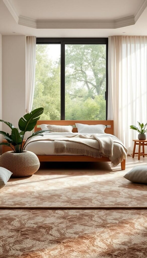 A serene bedroom interior bathed in soft, natural light. A cohesive color palette of earthy greens, warm neutrals, and muted accents creates a harmonious ambiance. In the foreground, a plush area rug in a subtle leaf pattern anchors the space. Textured throw pillows and a lush potted plant add depth and texture. The middle ground features a minimalist wooden bed frame adorned with crisp white linens and a cozy knitted blanket. Behind it, a large window frames a tranquil garden view, with wispy curtains gently billowing. The overall atmosphere evokes a sense of calm, balance, and a deep connection to the natural world. A serene bedroom interior bathed in soft, natural light. A cohesive color palette of earthy greens, warm neutrals, and muted accents creates a harmonious ambiance. In the foreground, a plush area rug in a subtle leaf pattern anchors the space. Textured throw pillows and a lush potted plant add depth and texture. The middle ground features a minimalist wooden bed frame adorned with crisp white linens and a cozy knitted blanket. Behind it, a large window frames a tranquil garden view, with wispy curtains gently billowing. The overall atmosphere evokes a sense of calm, balance, and a deep connection to the natural world.