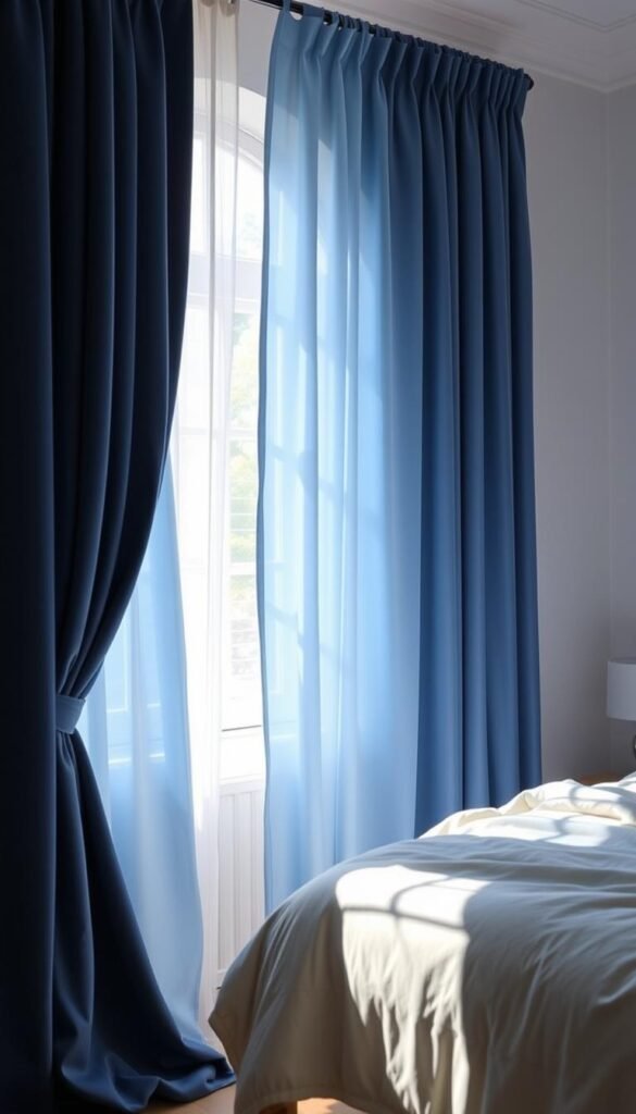 A serene bedroom interior with plush curtains in various shades of blue, from deep navy to soft powder blue. The curtains frame the window, allowing natural light to filter in and cast a warm, inviting glow. The curtains are arranged in a graceful, draped style, creating a sense of depth and texture. Soft, diffused lighting illuminates the scene, highlighting the nuanced hues and creating a calming, meditative atmosphere. The color palette evokes feelings of tranquility, trust, and stability, complementing the overall relaxing ambiance of the bedroom space.