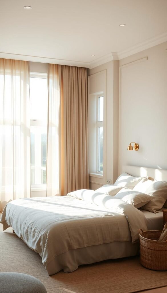 A serene bedroom sanctuary, bathed in natural light from expansive windows. The focal point, a pair of luxurious floor-to-ceiling curtains in a soft, neutral beige hue, gently cascading over the window frames. Textured linen bedding, in soothing tones of ivory and pale gray, adorns a low-profile platform bed. Warm, indirect lighting from sconces casts a calming glow, while a large area rug in a muted, earthy palette grounds the space. Minimalist decor, including a driftwood-inspired nightstand and a woven basket, complement the tranquil ambiance. The overall atmosphere is one of understated elegance and quiet repose.