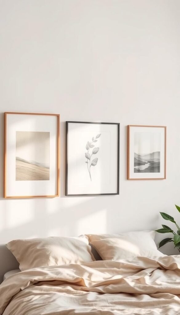 A serene bedroom wall showcasing an elegant selection of framed art pieces. The foreground features three distinct styles - a minimalist abstract painting, a botanical sketch, and a modern landscape print - arranged harmoniously on the crisp white wall. Soft, diffused natural lighting filters in from a nearby window, casting a warm, inviting glow. The middle ground reveals a cozy, neutral-toned bedding ensemble, complementing the wall art. In the background, a hint of a tranquil, plant-filled corner adds to the calming ambiance. Overall, the scene exudes a refined, sophisticated aesthetic, suitable for a restful, visually-appealing bedroom space.