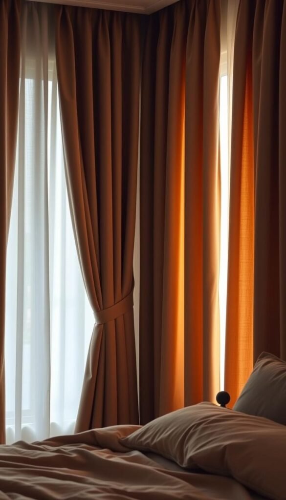 A serene bedroom with luxurious blackout curtains cascading elegantly, blocking out all external light for the ultimate relaxation experience. Soft, plush fabric in a rich, inviting color creates a cocoon-like atmosphere, while subtle folds and drapes add visual interest. The curtains are expertly hung, with clean, crisp lines that frame the window, creating a sense of tranquility and privacy. Warm, diffused lighting filters through, casting a soothing glow and highlighting the refined texture of the fabric. The overall effect is one of comfort, calmness, and a retreat from the outside world, perfectly suited for a restful, restorative sleep.