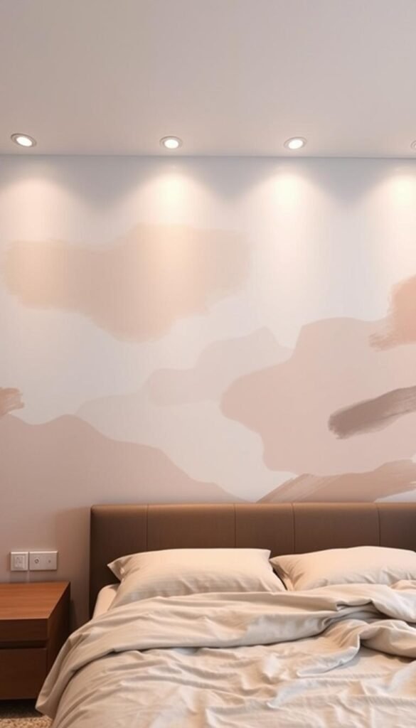 A serene, contemporary bedroom wall featuring a captivating abstract mural design. The mural showcases a harmonious blend of soft, muted tones, with gentle brushstrokes and organic shapes that create a sense of movement and depth. Subtle lighting from concealed fixtures casts a warm, diffused glow, enhancing the calming atmosphere. The mural spans the full width of the wall, drawing the eye towards a large, statement-making piece of art that serves as the focal point of the room. The overall effect is one of understated elegance, elevating the space with a unique and personalized wall treatment.