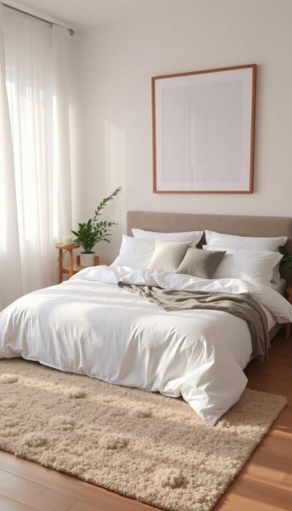 A serene, cozy bedroom with soft, natural lighting filtering in through sheer curtains. The bed is dressed in crisp white linens, accented by soft gray and earthy tones. A plush, neutral-toned area rug grounds the space, while a large, framed piece of wall art hangs above the headboard, adding visual interest. Potted plants and a small, wooden side table with a candle create a soothing, nature-inspired ambiance. The overall atmosphere is calming and restorative, inviting the viewer to step into a peaceful sanctuary.