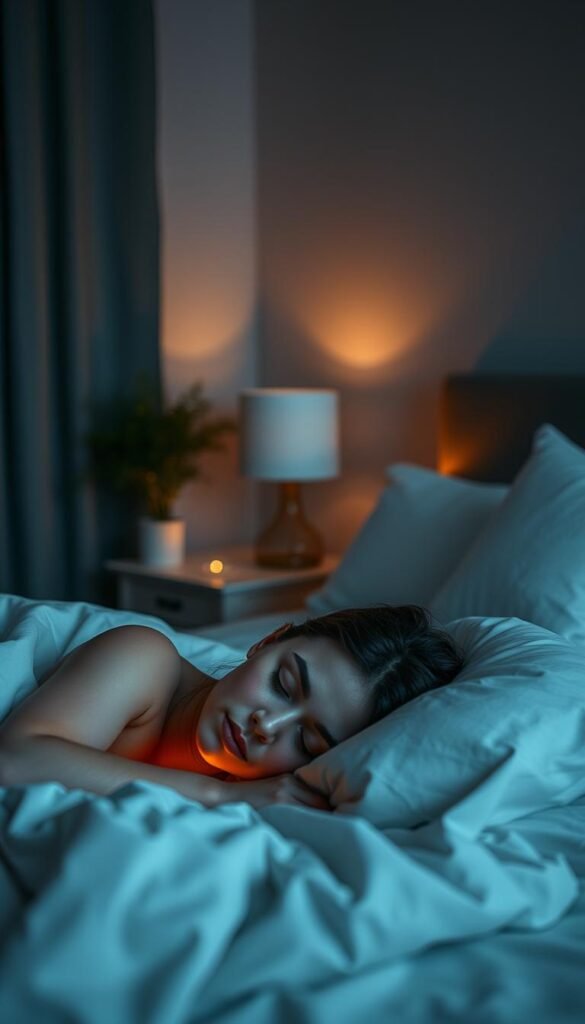 A serene, dimly lit bedroom with soft, muted colors creating a tranquil atmosphere. In the foreground, a peaceful sleeping figure under plush bedding, glowing with a subtle, warm radiance. The middle ground features a nightstand with a lit candle, its flickering flame casting a gentle, soothing light. In the background, a muted, calming color palette of blues, greens, and neutrals, evoking a sense of calmness and balance. The lighting is soft and diffused, creating a calming, restful ambiance. The overall scene conveys the restorative power of sleep and the importance of a well-designed bedroom environment for overall well-being.