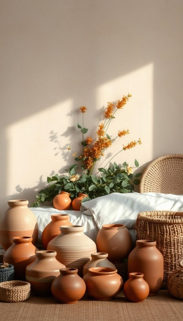 A serene, earthy color palette inspiration. A tranquil, softly lit scene showcases a curated arrangement of natural hues and textures. In the foreground, an array of ceramic vessels and woven baskets in muted ochres, terracotta, and sage tones. Arranged artfully, they exude a sense of warmth and tactility. In the middle ground, lush botanical elements in deep greens, muted blues, and touches of amber add depth and visual interest. The background features a gentle, weathered wall in a soft, neutral beige, casting a calming, natural glow. Soft, diffused lighting bathes the entire scene, creating an inviting, grounded atmosphere perfect for inspiring an earth-toned bedroom aesthetic.