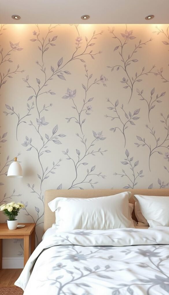 A serene, elegant bedroom wallpaper with a calming, nature-inspired motif. Soft, pastel hues of sage, lavender, and muted blues create a soothing, spa-like ambiance. Delicate floral patterns, wispy vines, and understated leaf silhouettes form a lush, harmonious design that exudes an aura of tranquility. The wallpaper has a subtly textured, matte finish that lends depth and richness to the composition. Warm, diffused lighting from concealed sources casts a gentle glow, accentuating the wallpaper's nuanced tones and intricate details. The overall effect is a sanctuary-like setting that invites relaxation and a sense of retreat from the outside world.